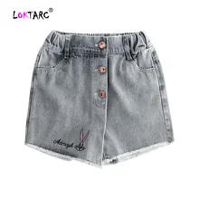 LOKTARC/детские джинсовые шорты для девочек, летние резинка на талии, хлопковые штаны с пуговицами, фальш-юбка, стильные джинсы с вышивкой кролика, Короткие