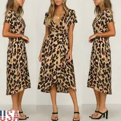 Thefound Новое Ретро женское Бохо леопардовое Длинное Макси платье сексуальное с v-образным вырезом платье со шнуровкой Вечеринка Летний