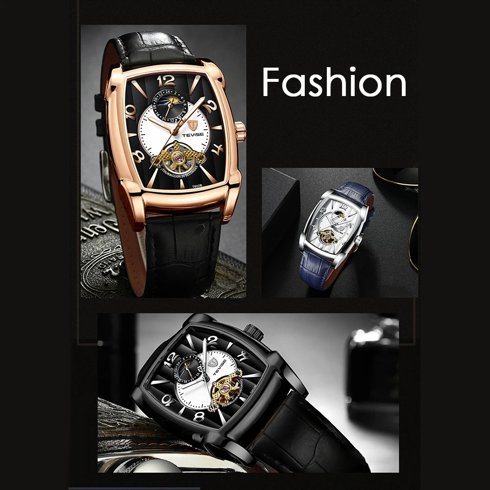 Мужские часы TEVISE s, механические часы с Луной фазой турбийон, мужские кожаные светящиеся спортивные наручные часы, мужские часы