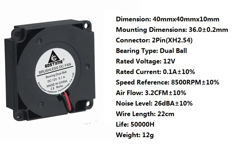 Gdstime 2 шт. 4 см 4010B двойной шар DC 12 В 40 мм x 40 мм x 10 мм Мини 3D вентилятор для принтера Вентилятор охлаждения 40 мм x 10 мм