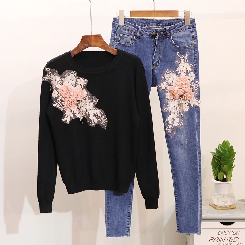 Preise Herbst Neue Mode Perle Blume Lange Ärmeln Pullover Pullover Shirt + Dünne Jeans Anzug Mädchen Studenten Zwei Stück Bleistift Hosen anzug