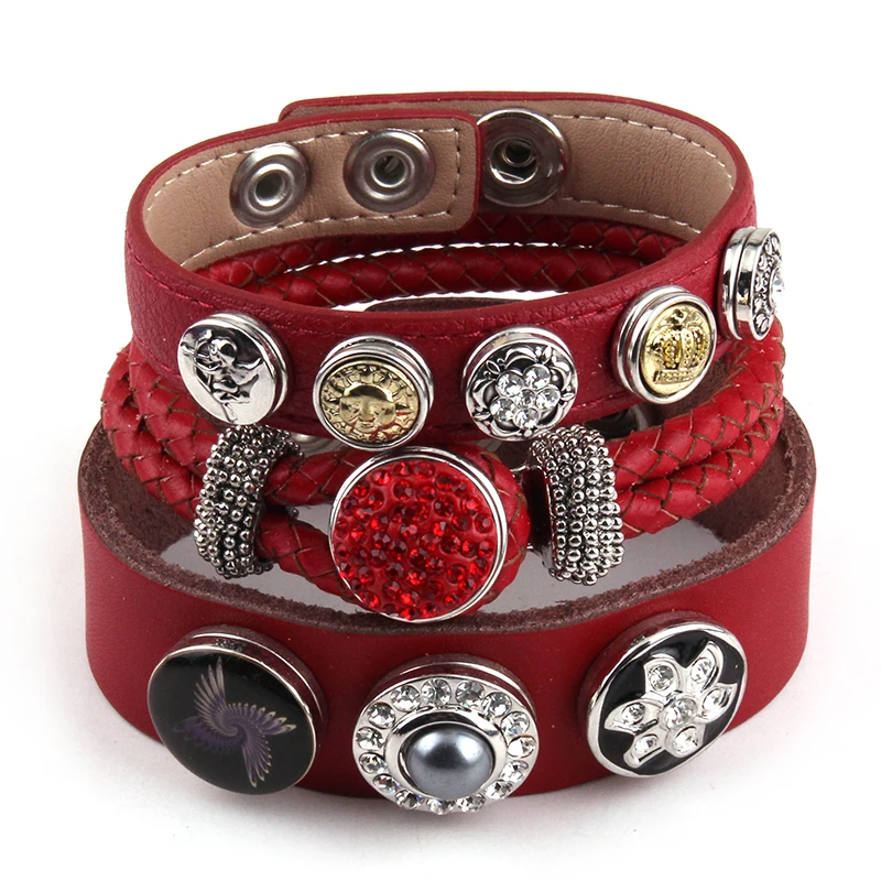 New Arrival Fashion 3pc/set Metal Button Red Leather Bracelets For