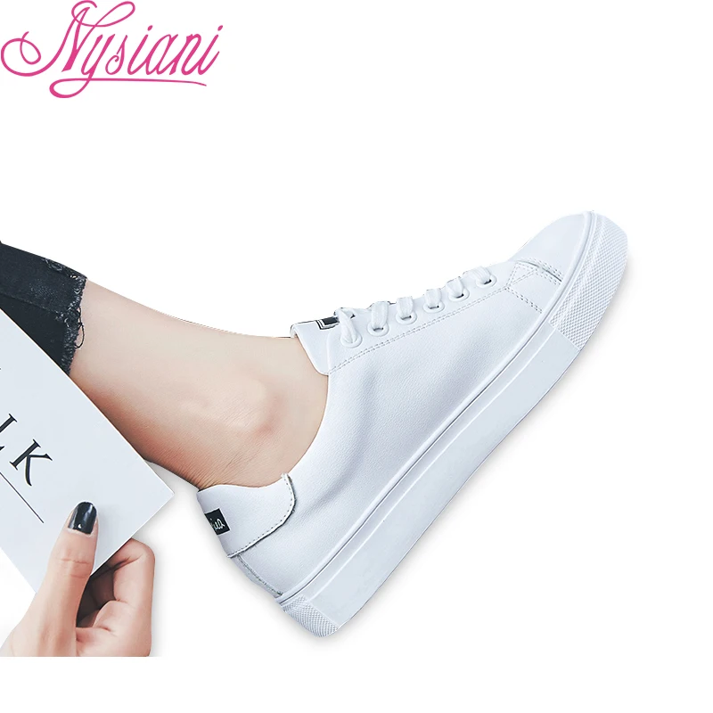 

2019 Split Leather Women Flat Shoes Casual Loafers Spring New Female White Single Shoes Round Toe Lace-up Ladies Sneaker Nysiani