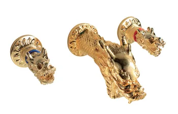 

Free shipping GOLD pvd Widespread Bathroom Sink dragon Faucet wall mounted draon lavatory sink faucet