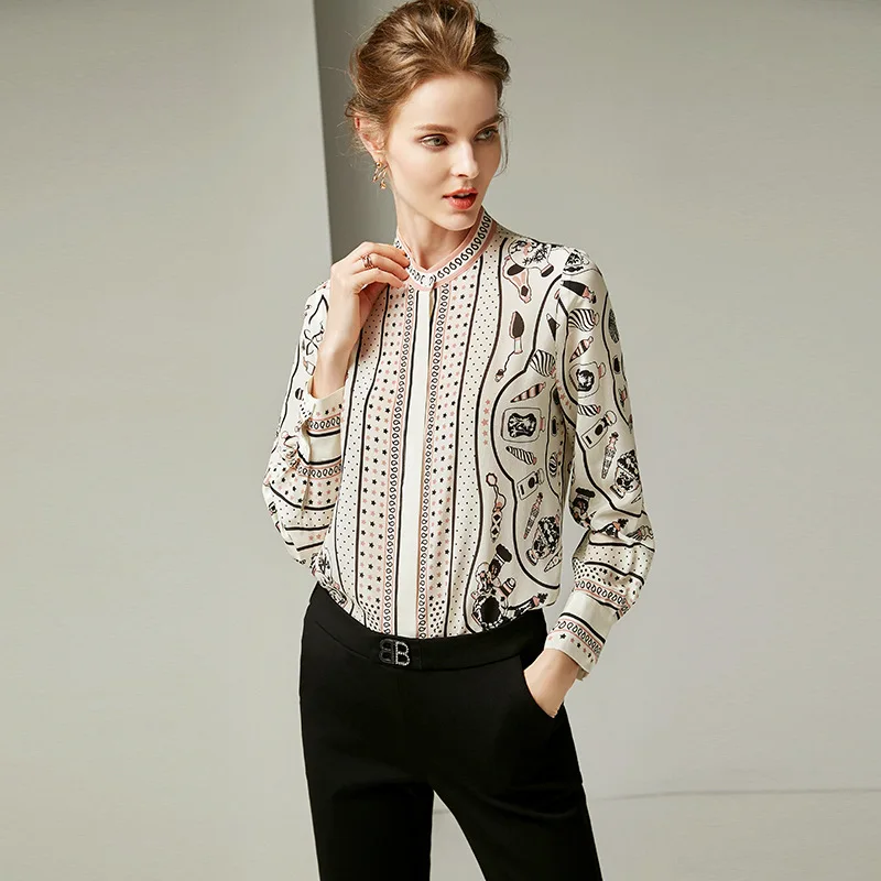 

R10058 New Spring Blouse Cardian Women Clothing 2019 with Round Collar and Long Sleeves and Vintage 100% Silk Tops Prints Shirt