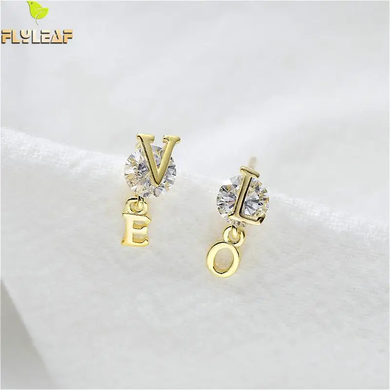 

Flyleaf 925 Sterling Silver Letter Love Stud Earrings For Women Simple Cubic Zirconia Gold Earings Fashion Jewelry High Quality