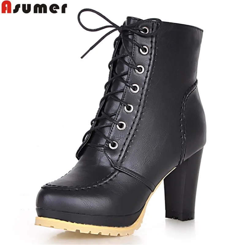 

Asumer big size 2020 new arrival sexy platform women boots thick high heels round toe platform shoes solid lace up ankle boots