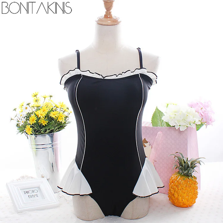 

Bonitakinis Vintage Lolita Swimsuit Cute Ruffled One Piece Swimwear Lady Slim Bathing Suits Korean Style Asia Size