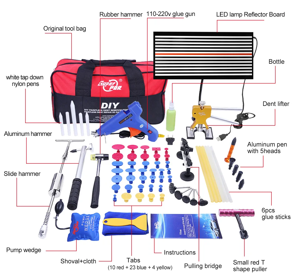 PDR инструменты для удаления вмятина Paintless Дент Ремонт Инструменты светодиодная лампа рефлектор Совета Молоток клей вкладки грибов Набор инструментов Комплект ferramentas