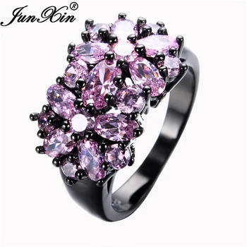 

JUNXIN Pink Black Gold Filled CZ Ring Unique Vintage Party Wedding Rings For Women Fashion Jewelry Bague Femme RB0022