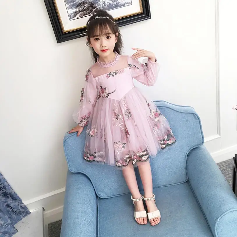 Платье с цветочной вышивкой для девочек-подростков; Новинка года; летнее платье принцессы с длинным рукавом для детей; детская сетчатая одежда; ws677