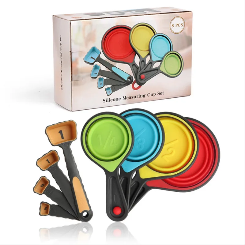 

4/8pcs/Set Food Grade Silicone Measuring Cups Spoons Kitchen Tool Cake Ice Cream Collapsible Baking Cook Tools Set Baking Spoon