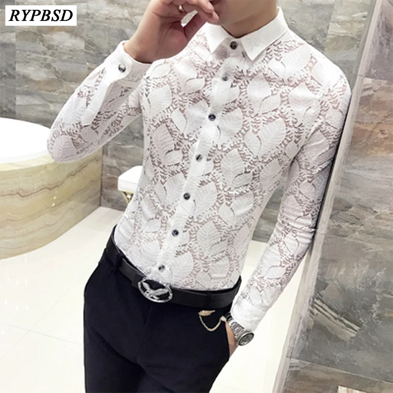 

Flower Shirt Men See Through Shirts Long Sleeve Fashion Casual Men Lace Shirts Men Dress Party Wedding Shirt Men Floral 3 Colors