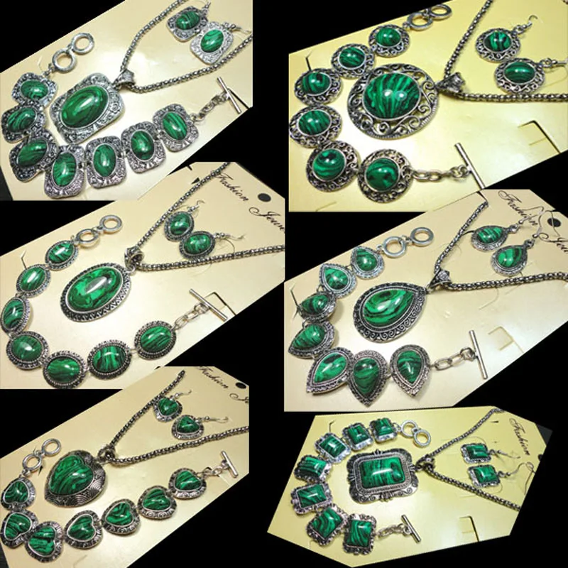 6 Styles Malachite Stone Jewelry Set major Vintage Antique Silver Fashion Necklace Sets Pendant Earring Bracelet
