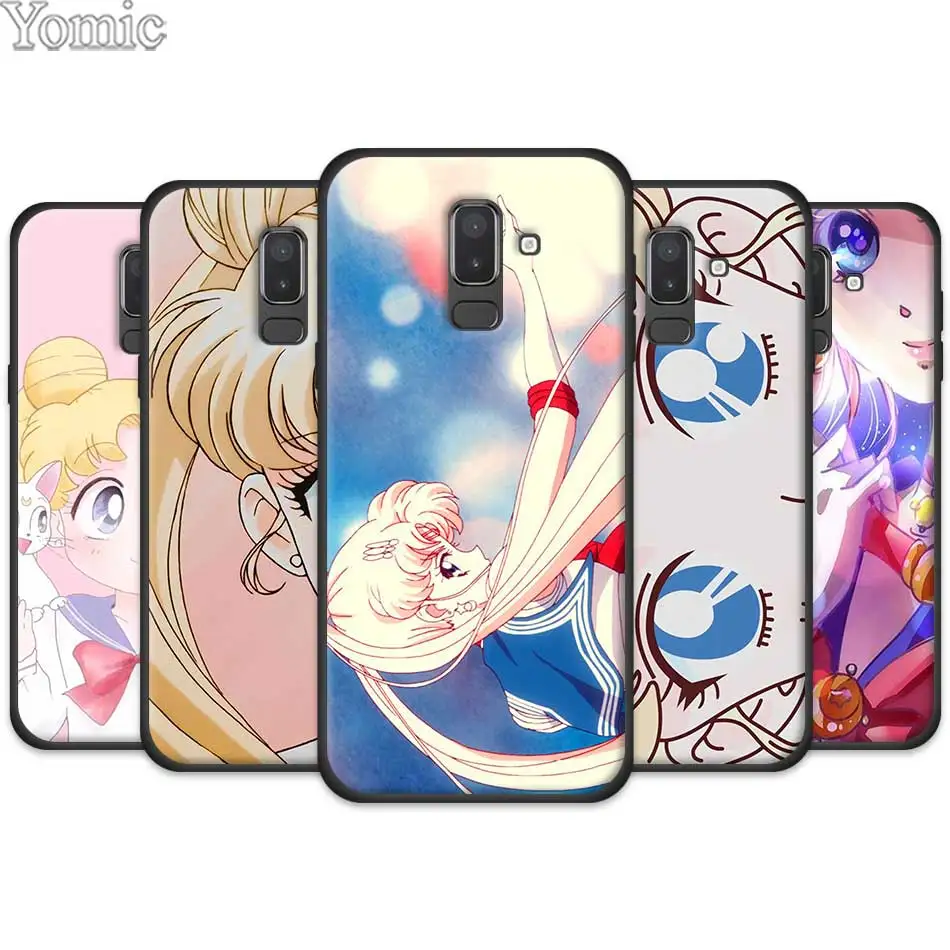 

Cute Sailor Moon Black Silicone Case for Samsung Galaxy J4 J6 J8 Plus 2018 J4Plus J6Plus Mobile Phone Cases Cover Coque