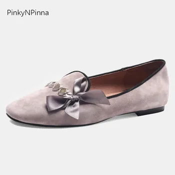 

top quality women sheepskin suede flat loafers soft genuine leather casual bow knot ribbon office chic ladies shoes plus size 44