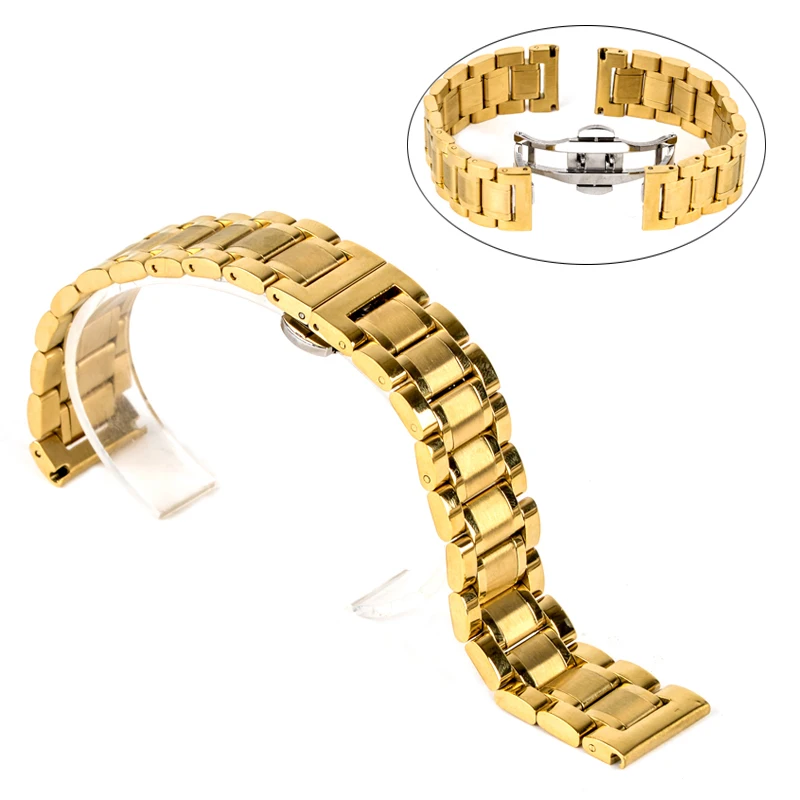Shellhard New High Quality Silver Black Rose Gold Watchband Stainless Steel Butterfly Clasp Buckle Straight End Watch Band Strap