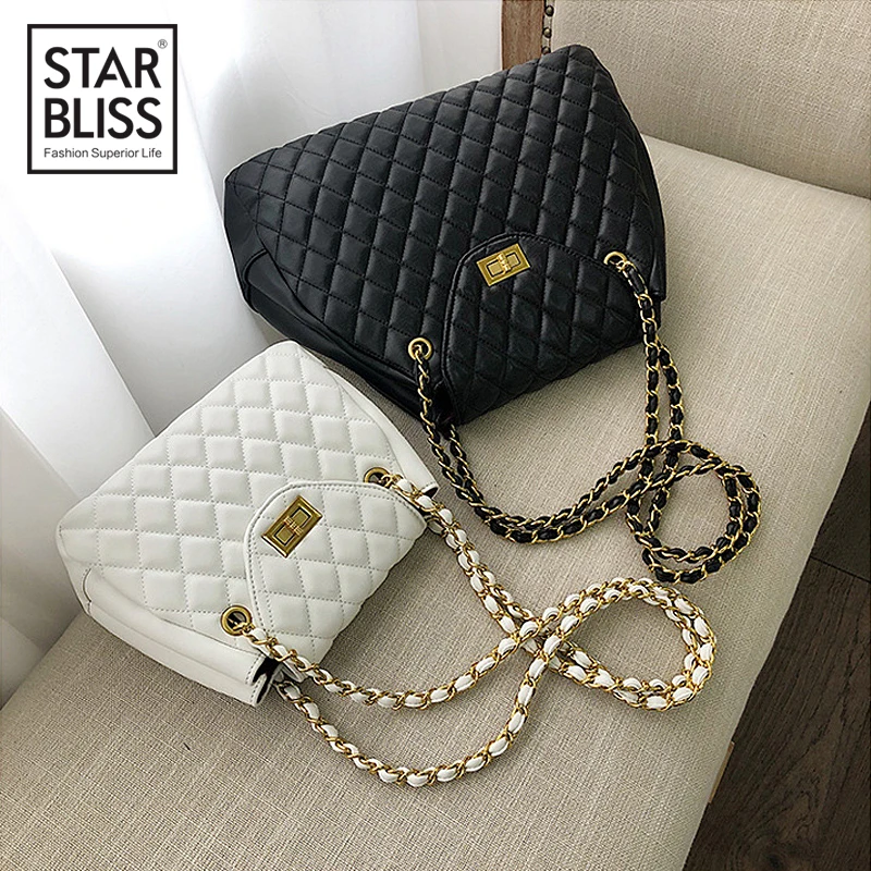

Black white fashion rhombic PU leather chain shoulder Messenger bag luxury brand bag business banquet embroidery thread tote bag