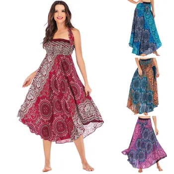 

KLV Women Long Hippie Bohemian Gypsy Boho Flowers Elastic Waist Floral Halter Skirt (1 Dress with 2 ways to wear)Drop 2.7