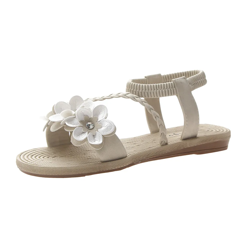 Женская обувь; летние пляжные сандалии на плоской подошве в богемном стиле с цветочным узором; однотонная обувь в римском стиле; Zapatos de mujer - Цвет: Beige