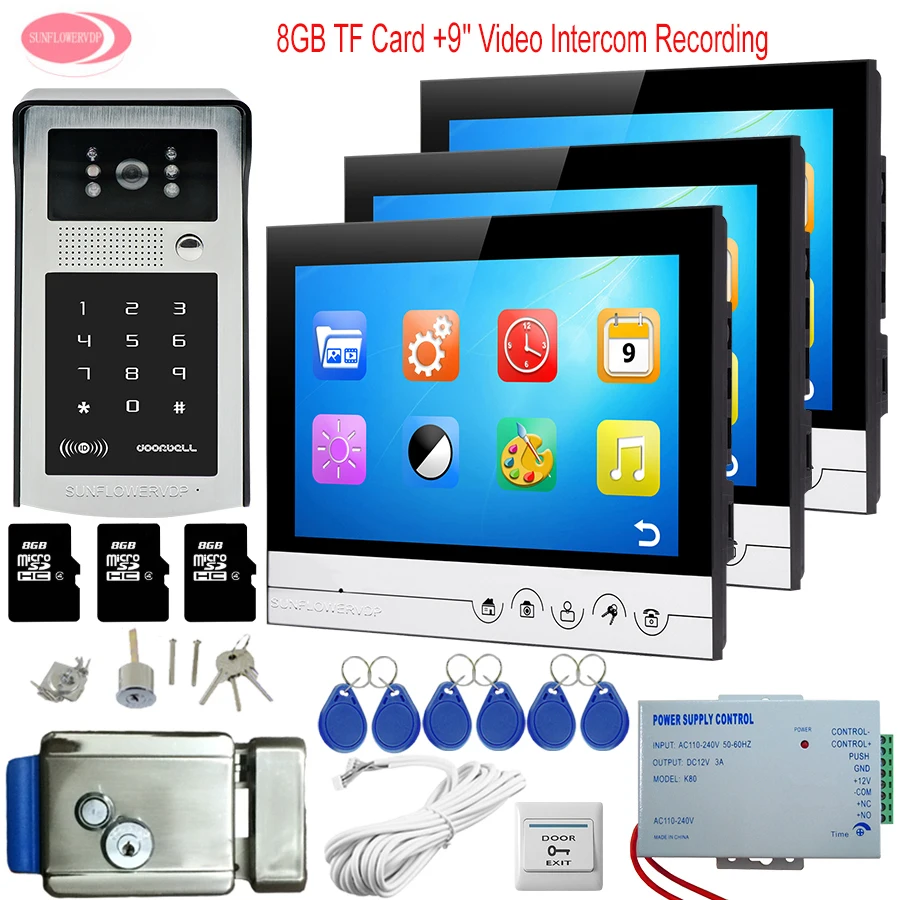 Video Intercom 3 Monitors Rfid Code Panel 9inch Doorbell Camera Video Recording 8GB TF Card Intercom House With Electronic Lock