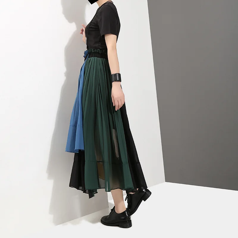 [EAM] новая весенняя юбка с высокой эластичной резинкой на талии зеленого цвета, модная универсальная плиссированная юбка Haf-body JG208