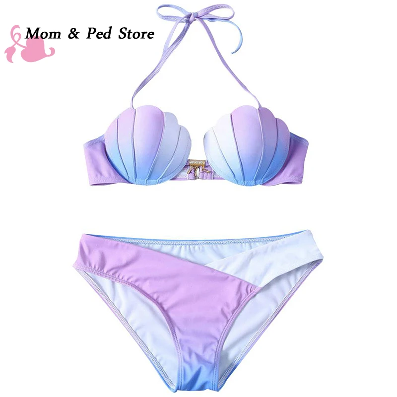 

Mermaid Shell Bra Design Two-Piece Suit Gradient Color Beachwear Sexy Bra Set Swimsuit Biquini Bra Brief Sets For Women