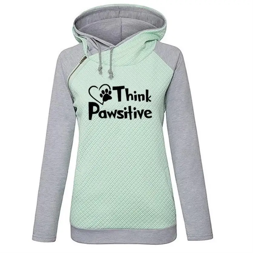 Zipper Decoration Hoodies For Women Think Pawsitive Letters Print Sweatshirts Kawaii Hoodies Women Tops Pockets Printing Loose