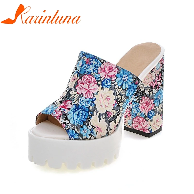

KARINLUNA 2019 Women Flower Print Mule Pumps Square High Heel Platform Shoes Woman Open Toe Slip On Ladies Pumps Big Size 32-43