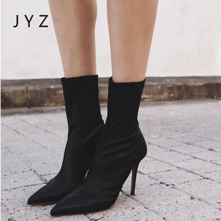 

Fashion New Womens Ankle Boots Sexy Platform Pumps Thin High Heels Pointed Toe Shoes Lady Elastic Fabric Black aa1029