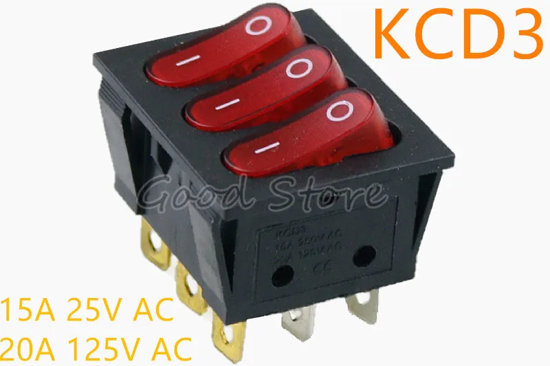 1 шт. ВКЛ-ВЫКЛ KCD3 9Pin красный 15A 250V 20A 125V AC светильник, лодка, автомобильный кулисный переключатель KCD3-303 KCD3 тройной светильник