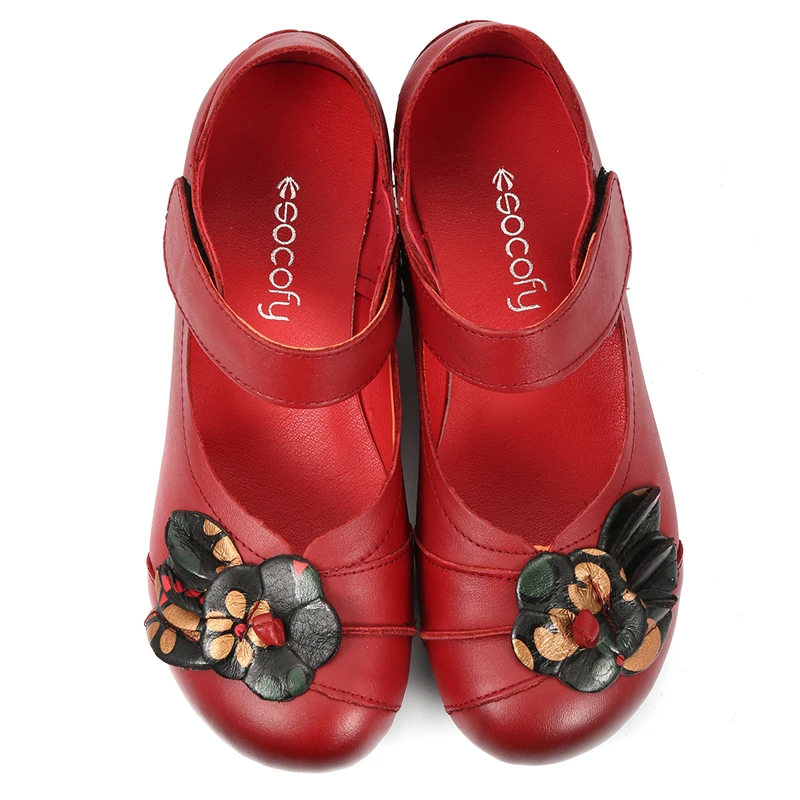 Socofy/туфли-лодочки из натуральной кожи; женская обувь; винтажные туфли-лодочки с цветочным принтом; женский крючок и петля; обувь Mary Jane; повседневная обувь на высоком квадратном каблуке; Новинка