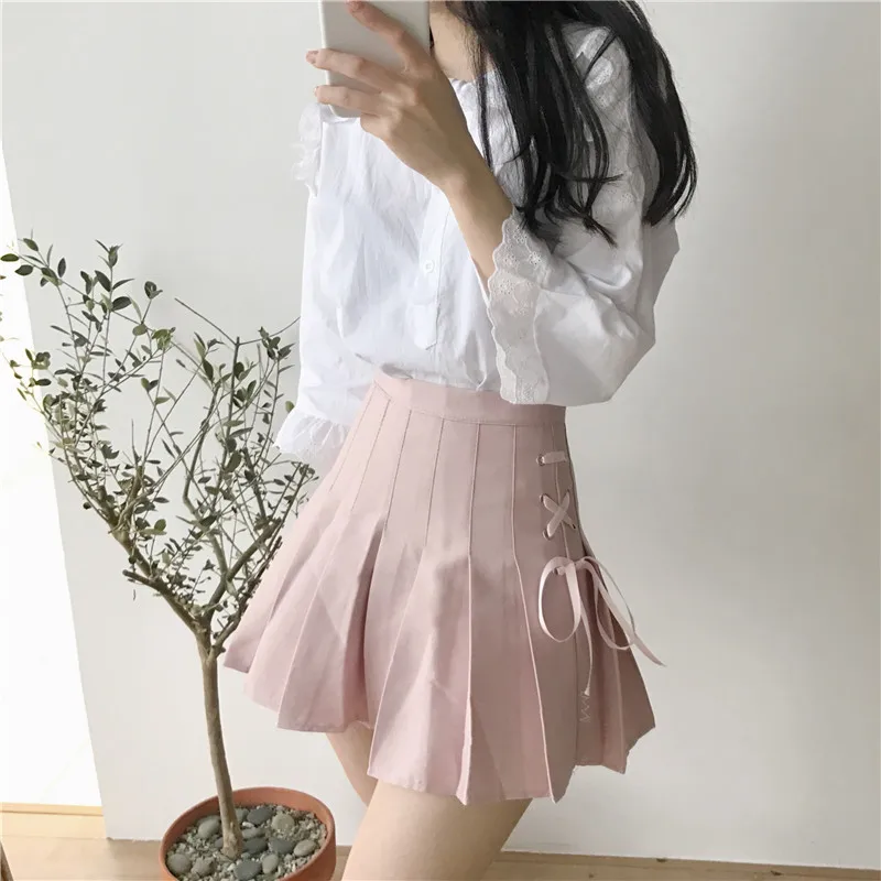 Японская Летняя женская мини-юбка Харадзюку с высокой талией, белая, черная, розовая, Женская бандажная юбка в консервативном стиле, милая плиссированная юбка