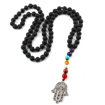 

Free Shipping Bohemian Jewelry Black Lava Stones Tassel & Fatimas Hand Charm Necklace For Women Statement Necklaces