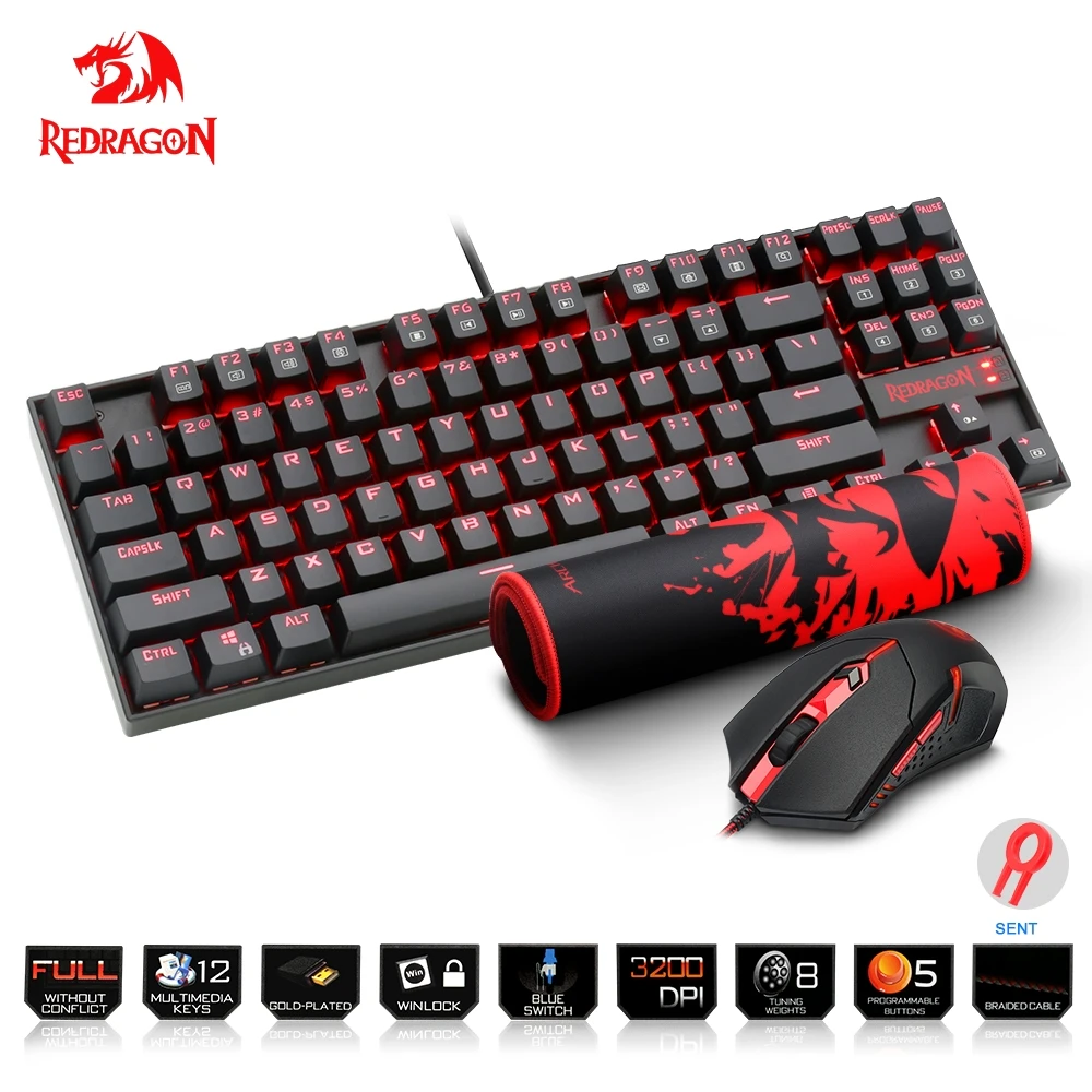 Redragon USB Gaming mechanical Keyboard mouse pad combos 87 standard