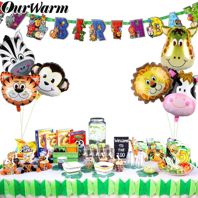 OurWarm 7pcs Jungle Party Animal Theme Birthday Safari Animals Balloons and Paper Banner for Kids Birthday Party DIY Decorations