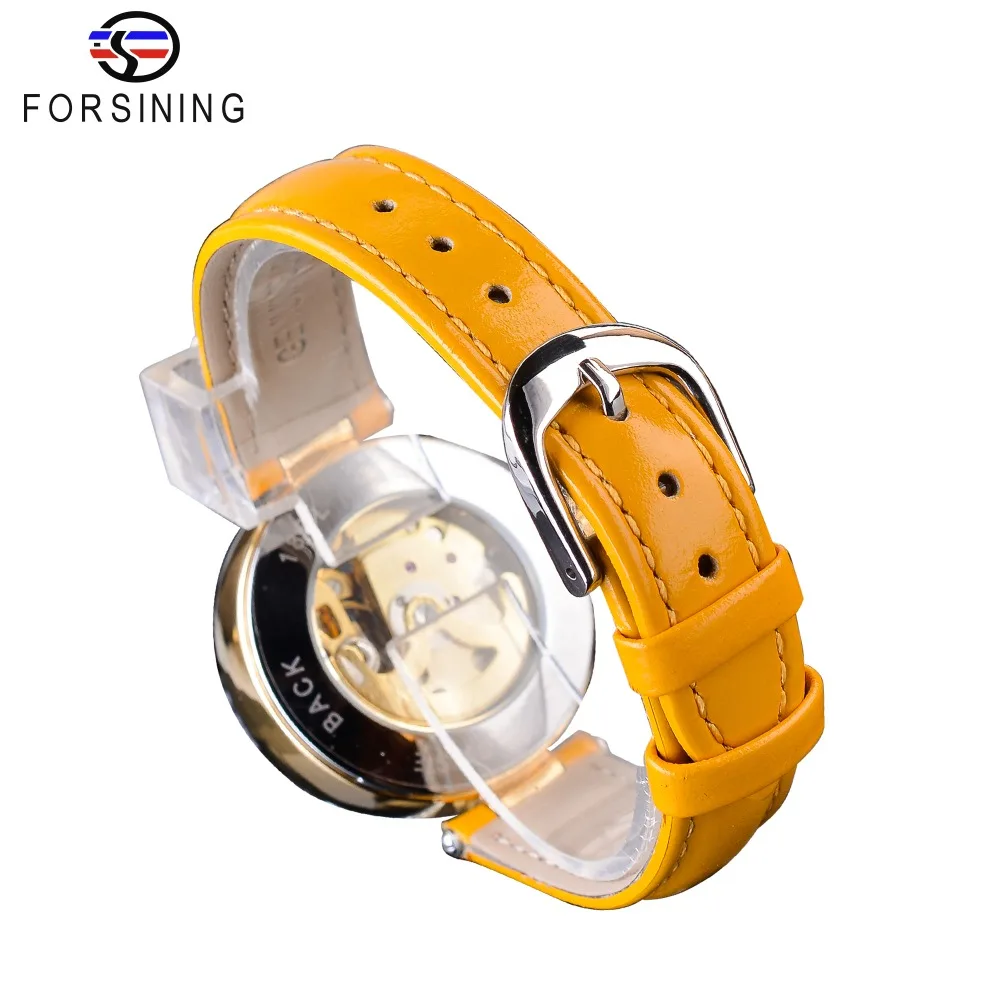 Forsining желтый ремень из натуральной кожи золотой механизм Алмазный дисплей Мужские автоматические механические наручные часы лучший бренд класса люкс