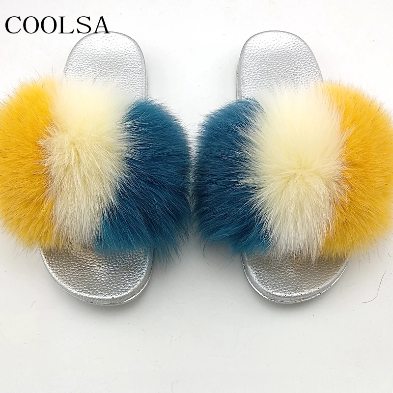 

Women's Winter Real Fox Fur Slipper Women Slides Indoor Warm Striped Fluffy Plush Slippers Silver PVC Fur Sandals Flip Flops New