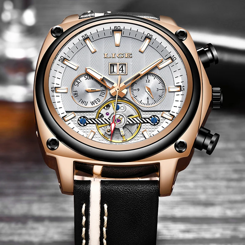 ييج الرجال الساعات الأصلي التلقائي الميكانيكية ووتش الذكور الأعمال ساعة جلد عارضة للماء ووتش الرجال Relogio Masculino