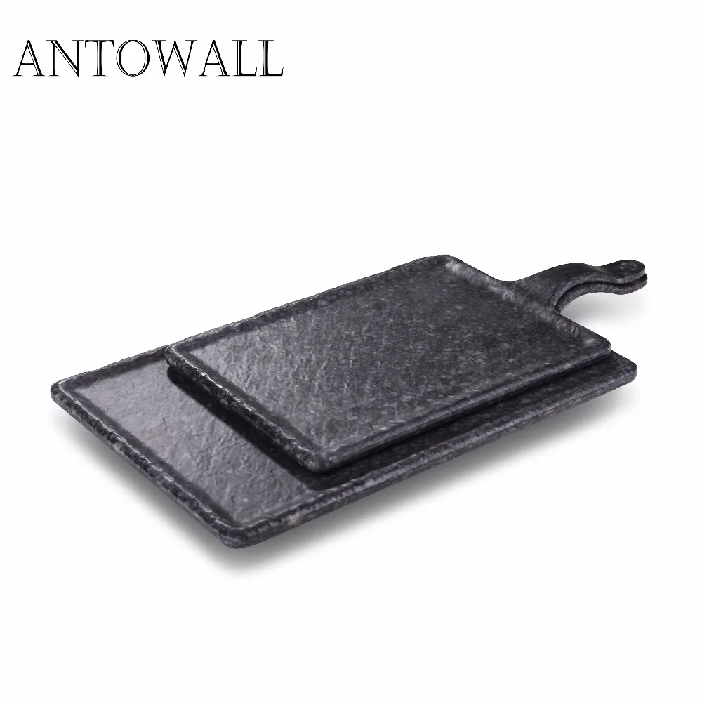 

ANTOWALL Rectangular Bluestone Disk Restaurant Kitchen Party Display Tray for Buffet Black Melamine Serving Plate with Handle