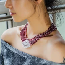 Red Natural Garnet Choker Necklace cubic zircon with Gold Plating Multilayer Beads Strand neck Chain