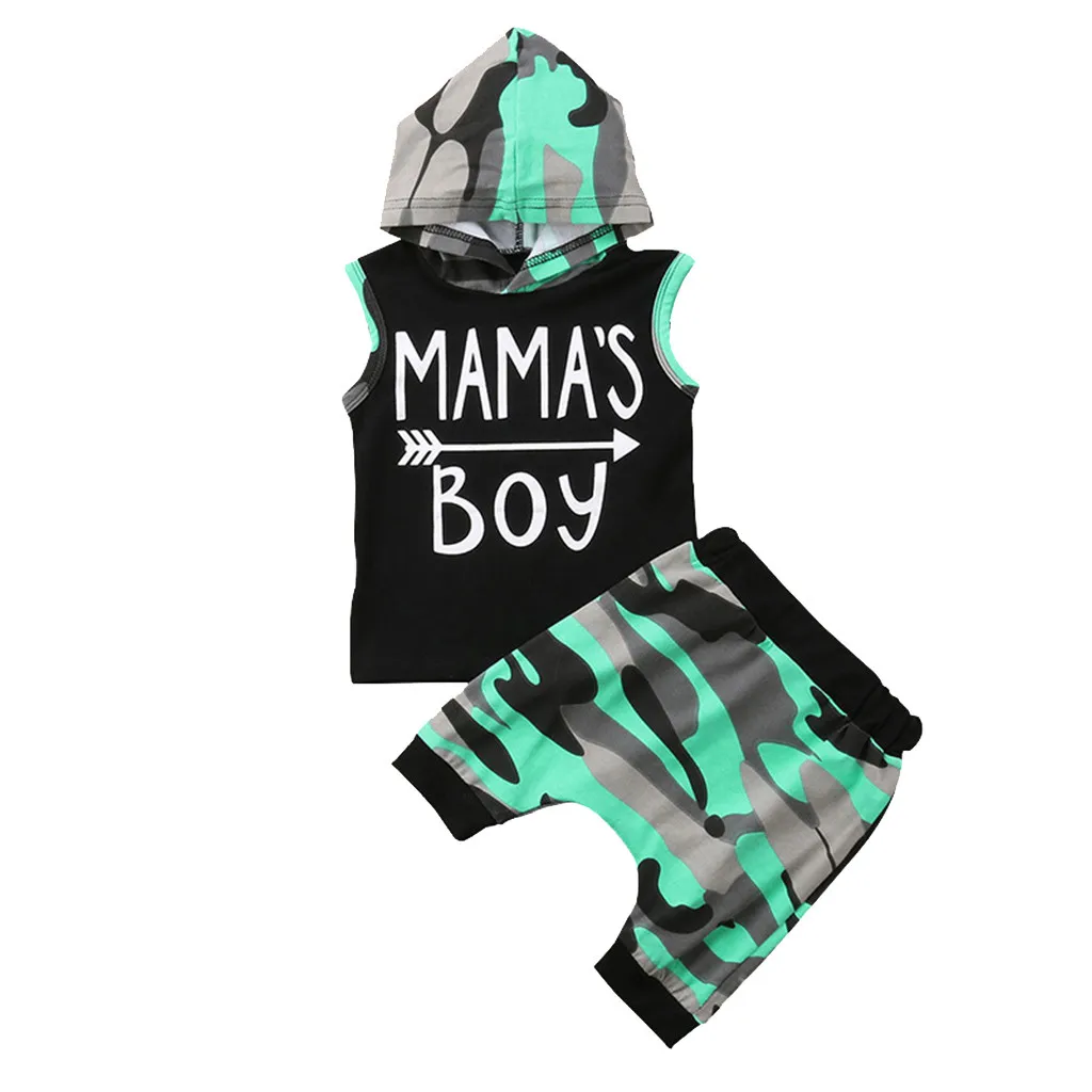 Одежда для новорожденных одежда для малышей Одежда для маленьких мальчиков, жилет с буквенным принтом, топы с капюшоном+ камуфляжные шорты Комплекты одежды