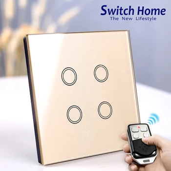 

4 gang wall touch light switch, Wireless Remote Control touch Switch, gold Glass Panel Surface Smart Sensor touch light Switch