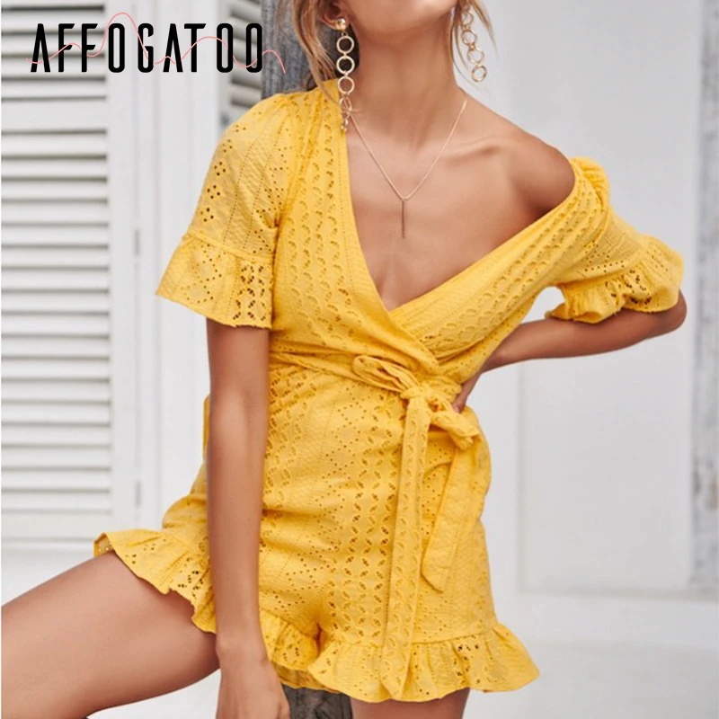 Affogatoo Sexy v neck ruffle romper women jumpsuit Elegant high waist cotton short jumpsuit Embroidery sash playsuit summer