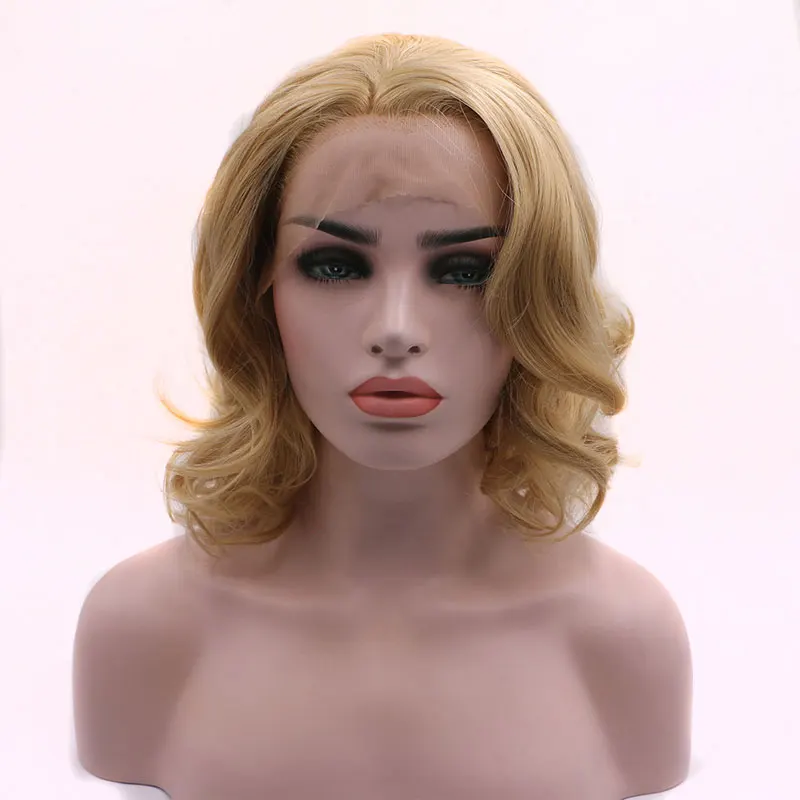 

Bombshell Light Blonde Mix Brown Short Bouncy Curly Synthetic Lace Front Wig Glueless Heat Resistant Fiber Hair For White Women