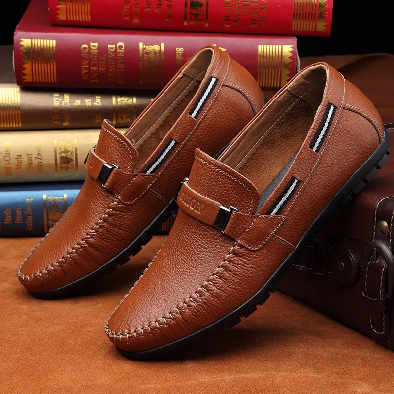 JUNSRM Spring leisure men's shoes breathable leather bean beans shoe head layer cow one-pedal mocassin homme | Обувь