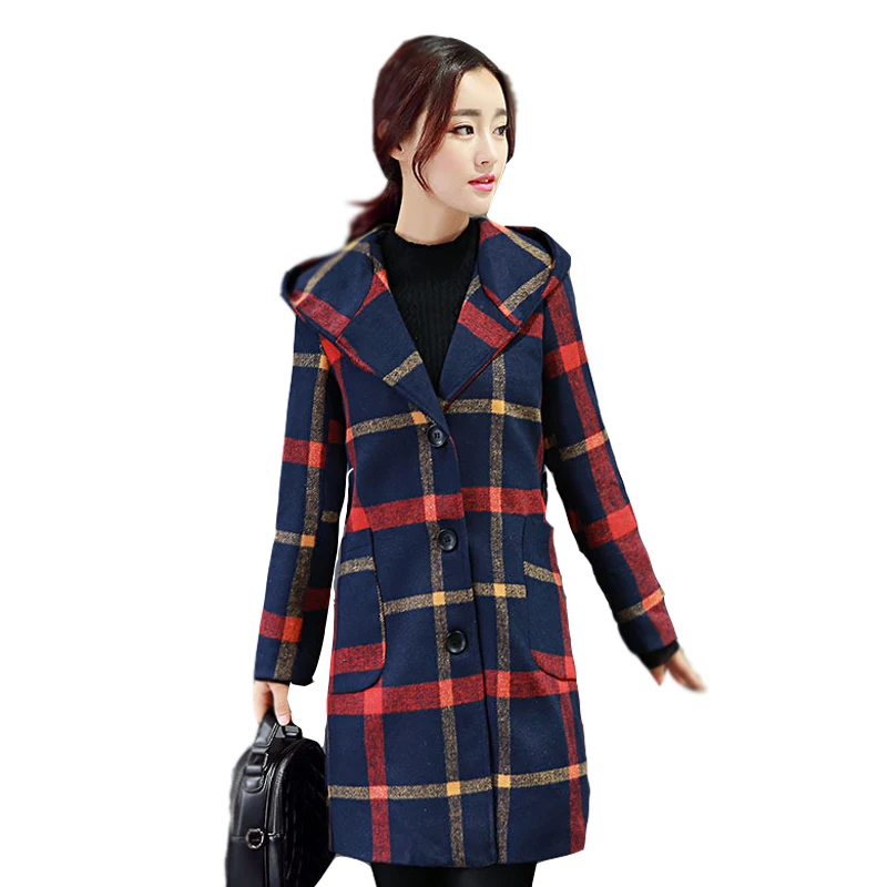 2016 New Aautumn winter long font b Tartan b font coat female Single breasted Slim was