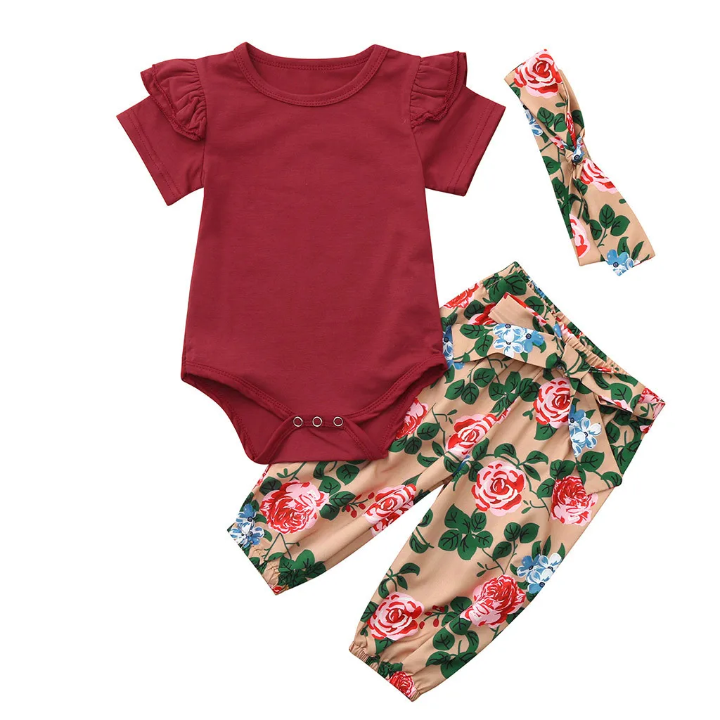 

Summer Clothes For Baby Girls Infant Baby Boys Girls Solid Jumpsuit Romper+Floral Print Pants+Headband Outfits 2019 HOOLER