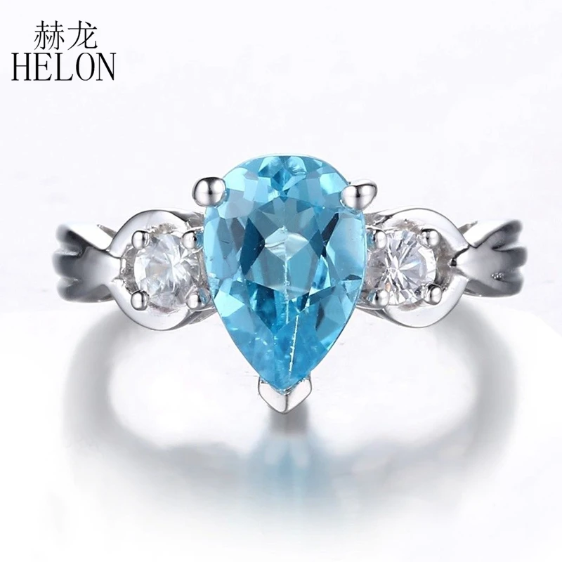 HELON SOLID 10K White Gold Certified Pear 10x7mm Blue Topaz Ring For Women White Topaz Gemstone Ring Exquisite Trendy Jewelry