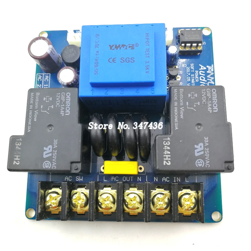 

High-power amplifier, post-power soft start protection board with remote switch function